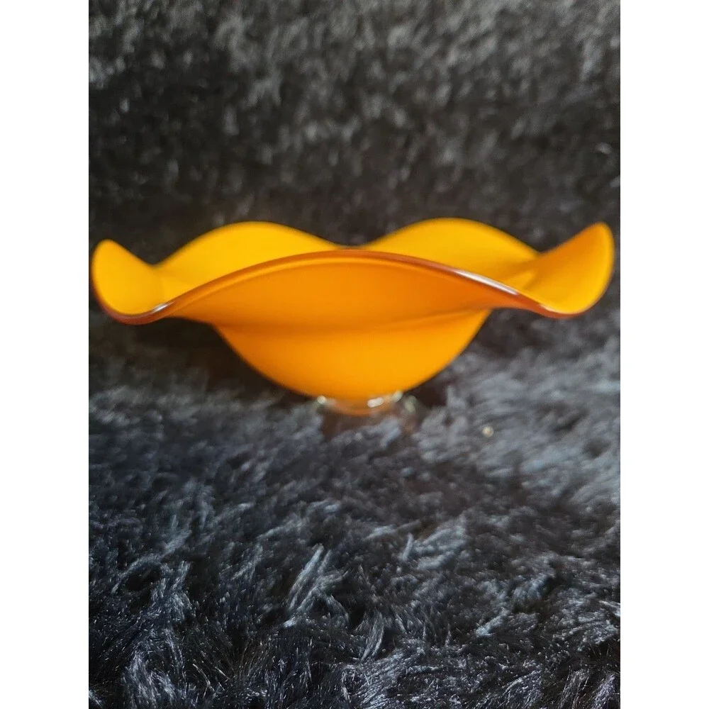 Vtg Teleflora Gift Vibrant Orange Glass Bowl with Ruffled Rim on Clear Pedestal - Picture 3 of 9